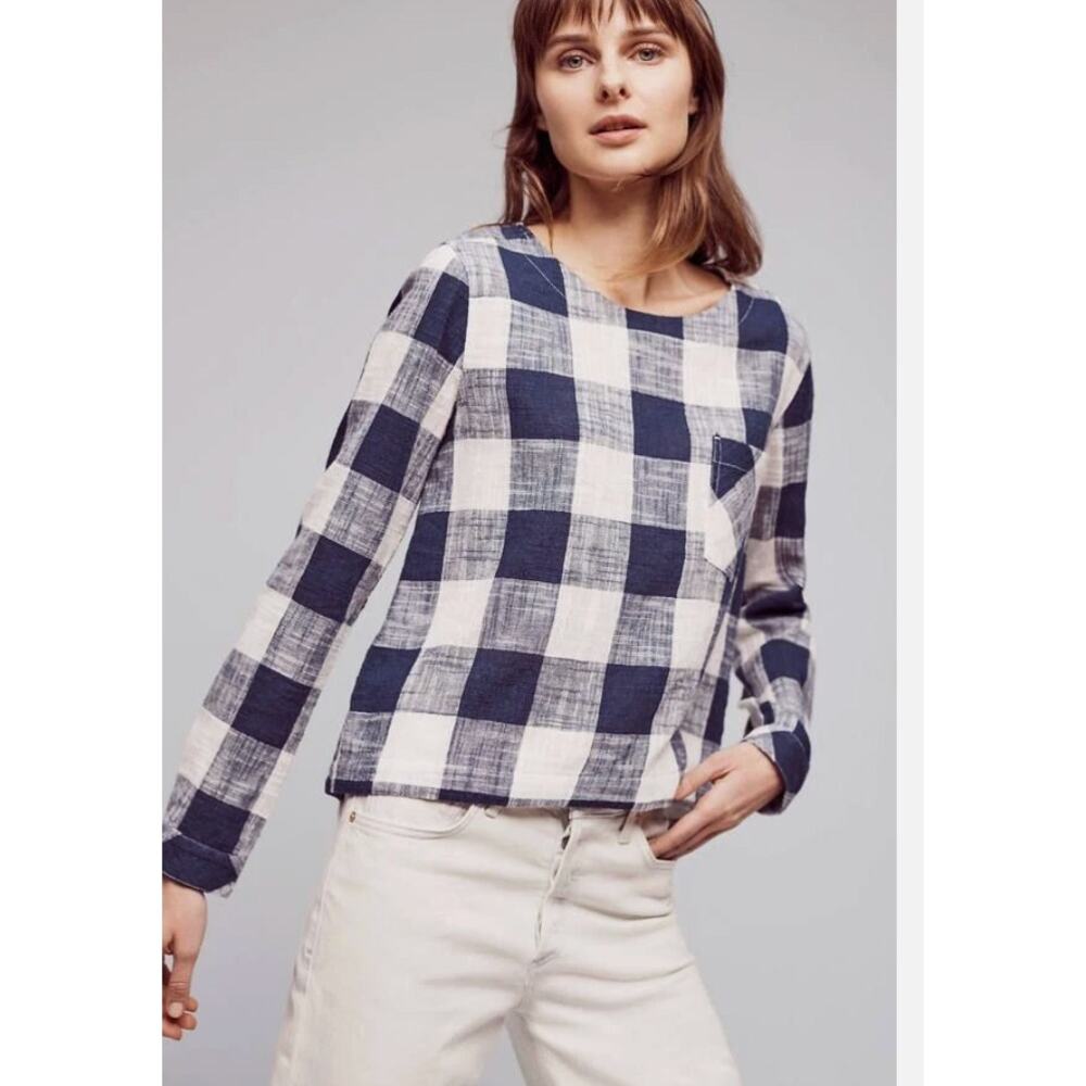Anthropologie Cloth & Stone Blue Gingham Top Linen Blend Size Medium